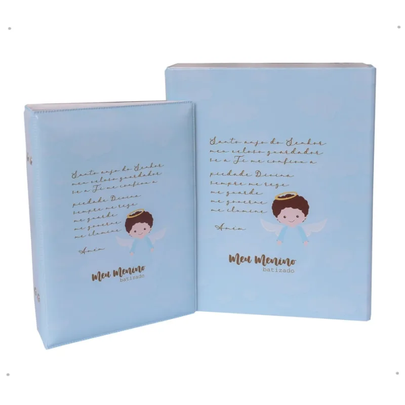 Estojo Imantado com Álbum para 100 Fotos 15x21 - batizado azul Bebê Menino Batismo Anjinho - Não Disponível - Papelaria