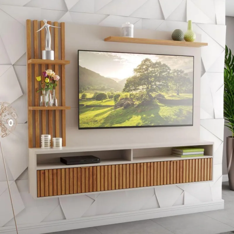 Painel Para Tv Até 65 Polegadas Aurora Off White Mel Ripado Viero Off White Com Mel - Viero Móveis - Móveis