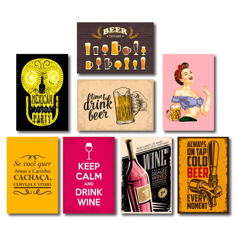 Kit Placas Decorativas Cervejas Drinks Vinho Mdf - 8 Placas - Não Informado - Decoração