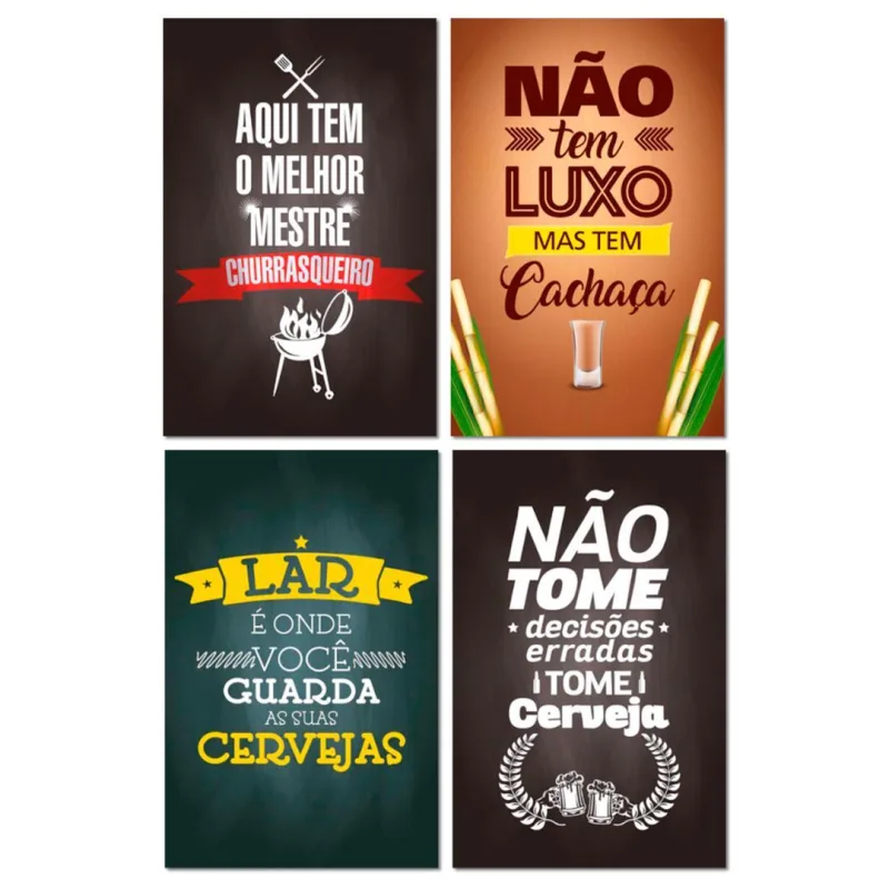 Kit Placas Quadros Cervejas Bebidas Mdf 4 Pçs 20x13 Cm - Não Informado - Decoração