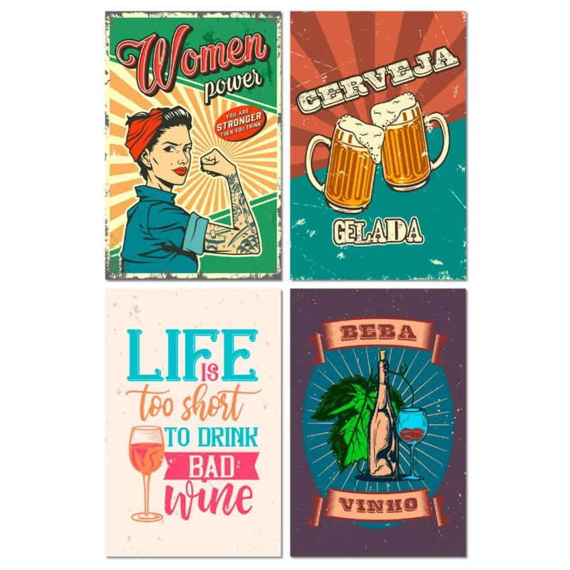 Kit 4 Placas Frases Bebidas Wine Vinho Cervejas 20x30 Cm Mdf - Não Informado - Decoração