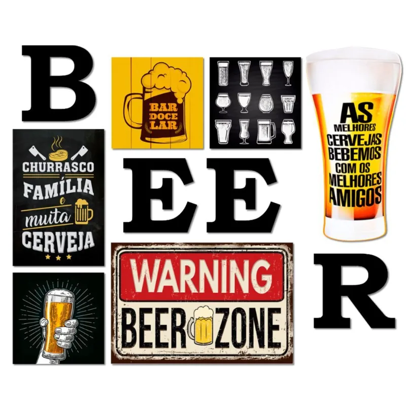 Kit 6 Placas Decorativas Cervejas Churrasco Com Letras Beer - Não Informado - Decoração
