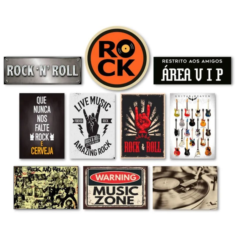 Kit 10 Placas Decorativas Música Rock Guitarras Bandas - OUTRAS - Agro