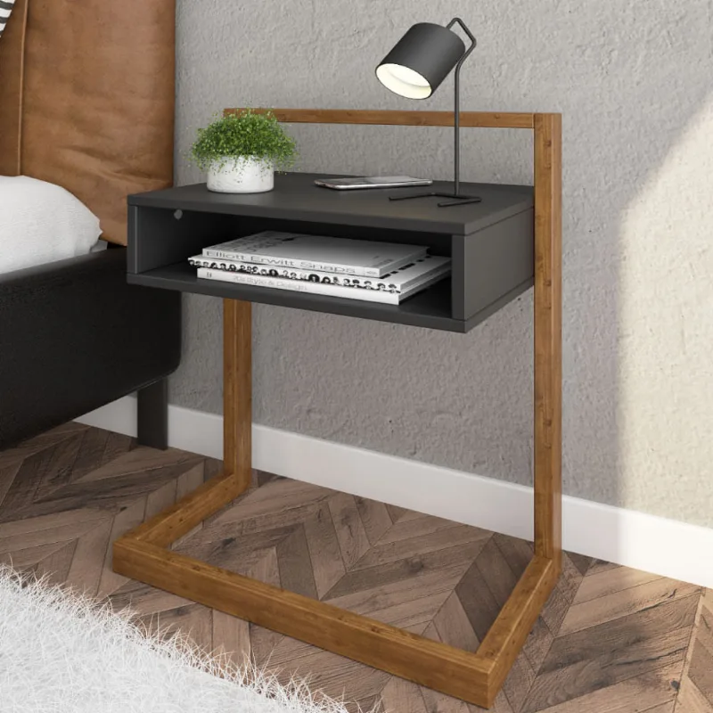 Mesa de Cabeceira Volt com 1 Nicho e Carregador Wireless - Preto/Garapa
