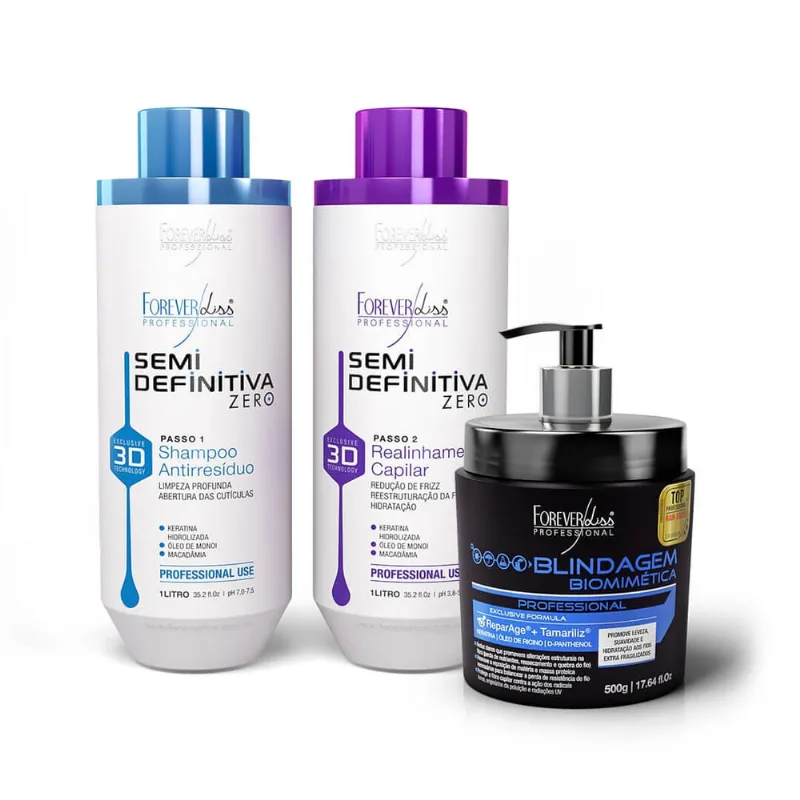 Kit Nova Escova Semi Definitiva Zero 2x1L com Blindagem Capilar Forever Liss