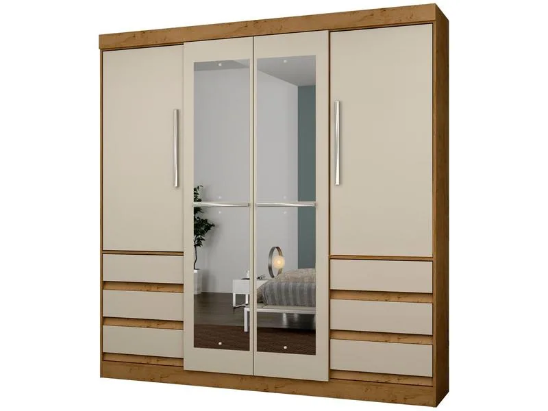 Guarda-Roupa Casal com Espelho Araplac Sofia MDP 4 Portas 6 Gavetas Branco - Araplac - Móveis