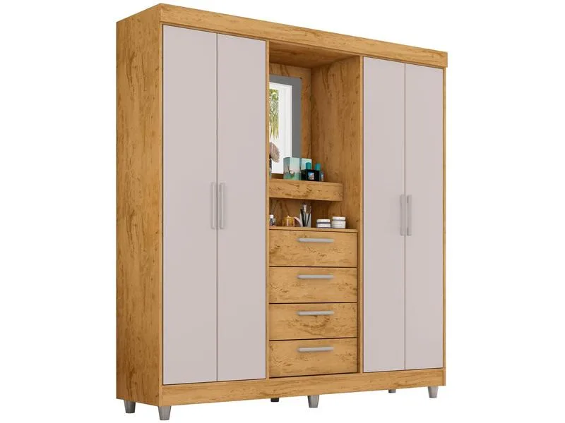 Guarda-Roupa com Espelho Araplac Pequim MDP 4 Portas 4 Gavetas Branco Brilhante - Araplac