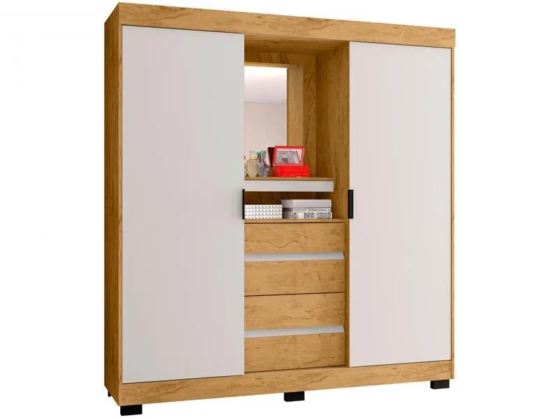 Guarda-Roupa Casal com Espelho Araplac Sintra CAP24024 MDP 2 Portas de Correr 4 Gavetas Freijó - Araplac