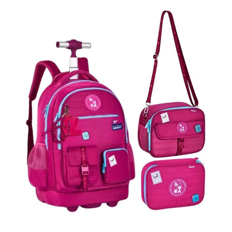 Kit Mochila De Carrinho Lancheira E Estojo Box Rosa Luluca
