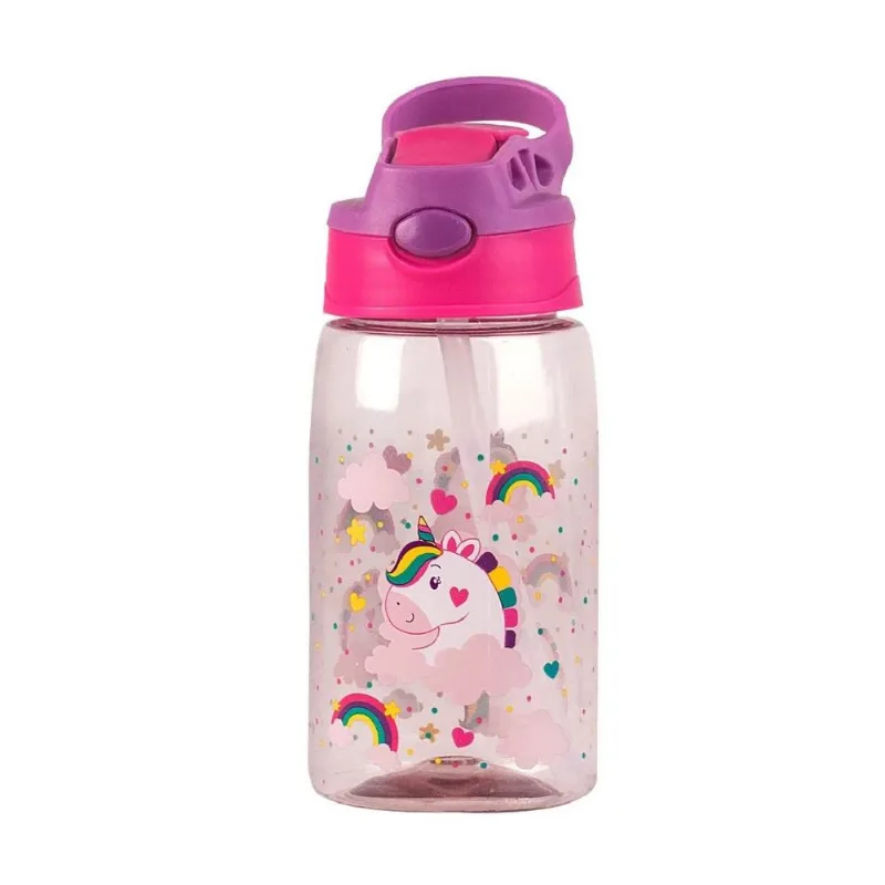 GARRAFA DE PLASTICO INFANTIL COM CANUDO UNICORNIO ROSA CP1002