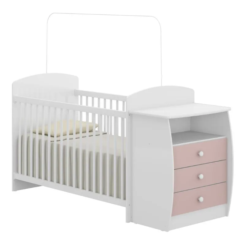 Berço Cômoda para Colchão 60 x 130 cm Rafael Multimóveis Branco/Rosa Branco Premium/Rosa Premium