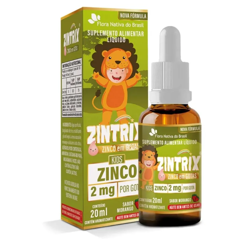 Zintrix Kids Zinco Gluconato 2mg 20ml Suplemento Alimentar Gotas Sabor Morango Flora Nativa do Brasil