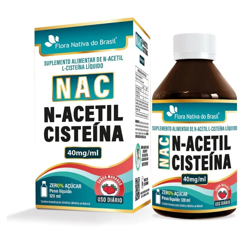 NAC N-Acetilcisteína 40mg/mL 120ml Suplemento Alimentar Sabor Morango Flora Nativa do Brasil