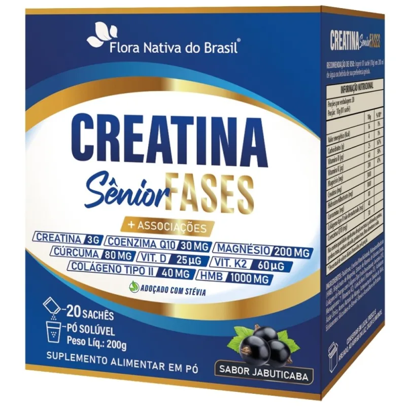Creatina Sênior Fases (Colágeno Tipo 2, Vit D3+K2, Magnésio, Q10, HMB e Cúrcuma) - 20 Sachês - Flora Nativa - Flora Nativa
