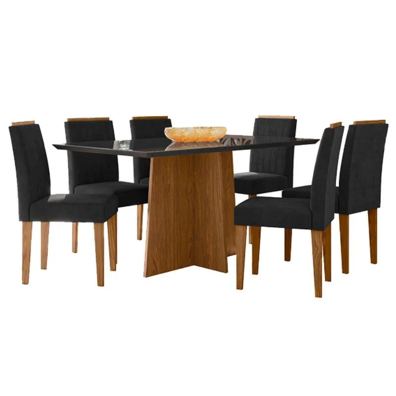 Mesa de Jantar Anitta 160x90 cm com Vidro Ype Preto e 6 Cadeiras Ana Ype Veludo Preto – New Ceval - Não Disponível - Móveis