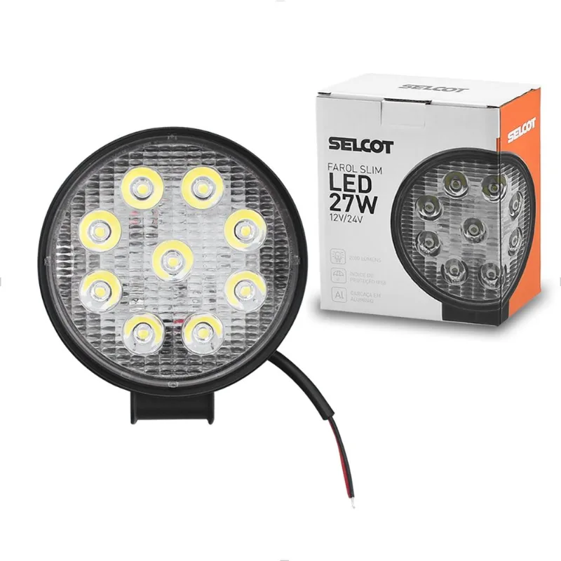 Farol Auxiliar 9 LEDs Redondo 27W 12V 24V Branco Universal 6000K Selcot