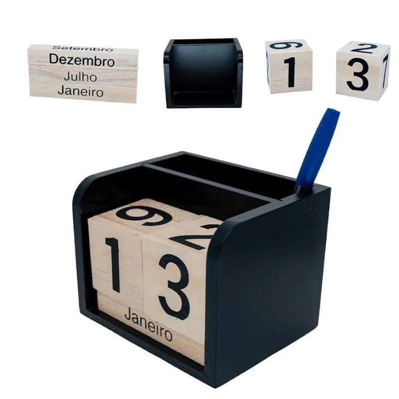 Calendário Mesa Madeira Dia Mês Importado Cubos Escritório - Não Disponível - Papelaria