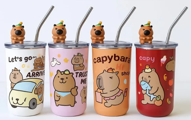 Copo Térmico Inox 500ml Com Canudo Capivara Diversas Cores - LC - Presentes