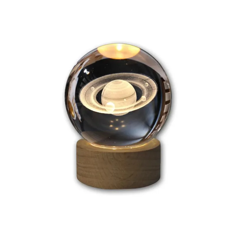 Luminária Decor Globo De Vidro Peq Saturno Com Led Usb E Suporte Madeira - LC - Presentes