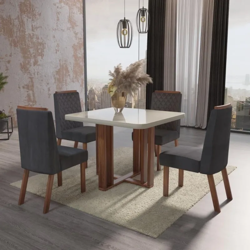 Sala de Jantar Paola 4 Lugares Tampo MDF e Vidro Cadeiras Cinza 90CM Bom Pastor Móveis - OUTRAS