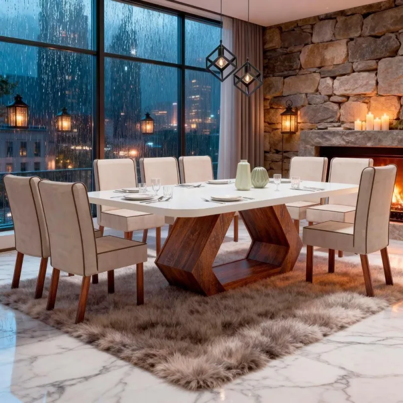 Sala de Jantar Lottus 8 Cadeiras Tampo em MDF Base Amêndoa Off-white 220CM Bom Pastor Móveis - OUTRAS - Agro