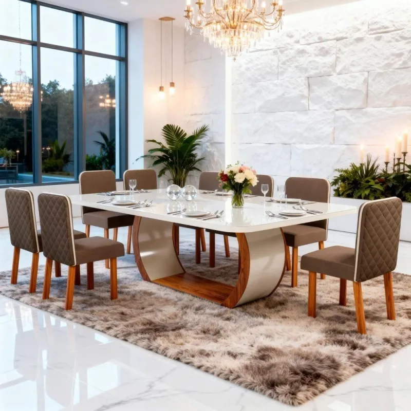 Sala de Jantar Stone Tampo em Vidro com Cadeiras Linho Marrom 220CM Bom Pastor Móveis - OUTRAS