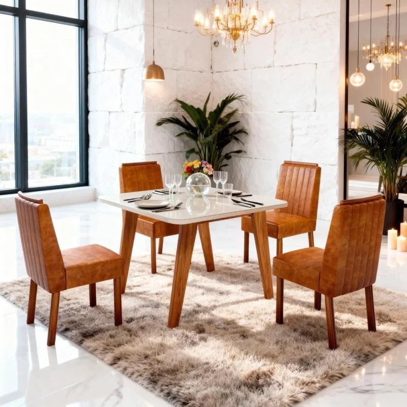 Sala de Jantar Mavie 90x90 Off 4 Lugares Tampo em MDF Caramelo 90CM Bom Pastor Móveis - OUTRAS - Agro
