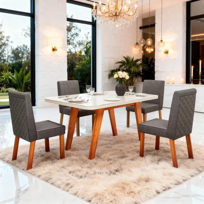 Conjunto Sala de Jantar Mavie Tampo em MDF com Vidro Linho Chumbo 130CM Bom Pastor Móveis - OUTRAS - Móveis