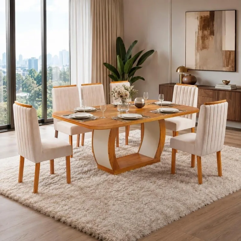 Conjunto de Jantar Olimpia 6 Lugares Tampo MDF Cadeiras Veludo Bege 180CM Bom Pastor Móveis - OUTRAS - Móveis