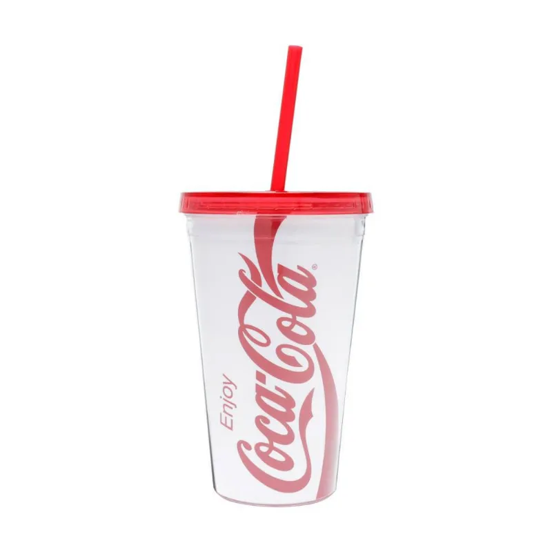 Copo Canudo Plástico Coca-Cola Logo Branco 9,5X9,5X15,5cm - 500ml