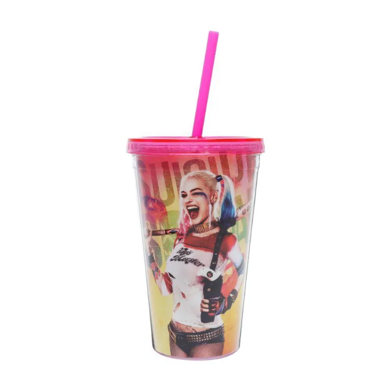 Copo Canudo Plástico Wb Sq Harley Quinn Rosa 9,5X9,5X15,5cm - 500ml