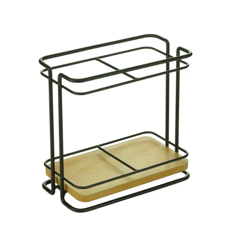 Porta Talheres Metal Wood Rack Preto 2 Div 17x9x16cm
