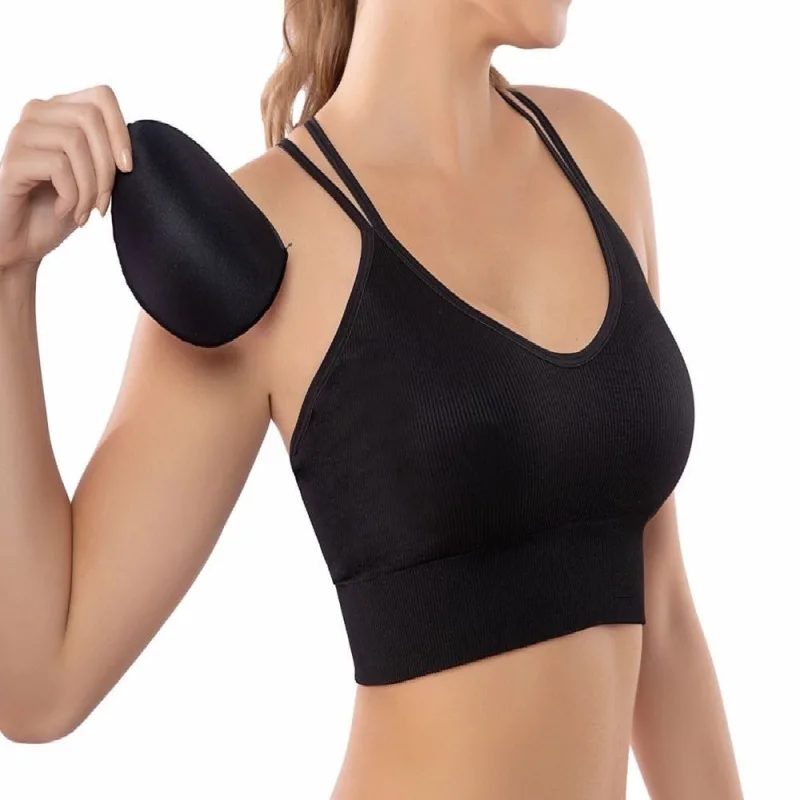Sutiã Top DelRio Microfibra Canelado Sem Costura com Bojo Removível Preto - Não Disponível - Moda
