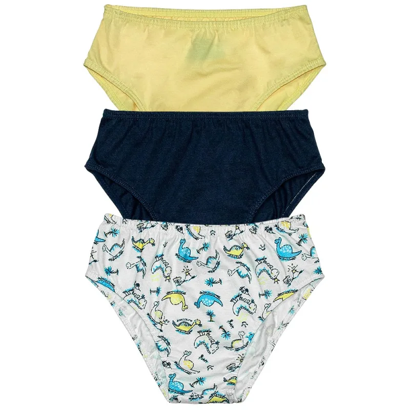 Kit 3 Cuecas Slip Infantil DelRio Algodão T-Rex Amarelo Marinho Branco - DelRio - Moda