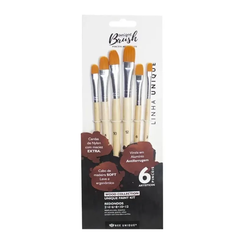Kit de Pincéis Lavados Ovalados Cerda de Nylon Com 6 Tamanhos - Wood Collection - YJ-190001