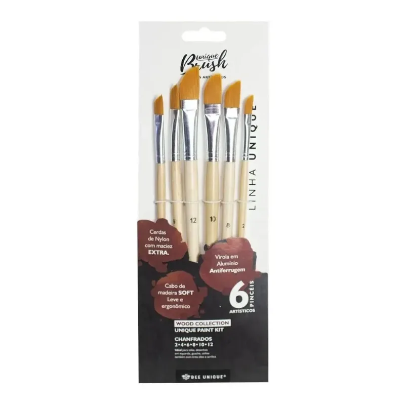 Kit de Pincéis Chanfrados Cerda de Nylon Com 6 Tamanhos Wood Collection - YJ-190003