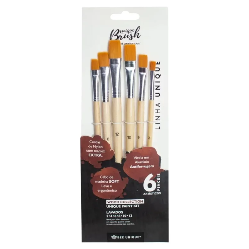 Kit de Pincéis Lavados Cerda de Nylon Com 6 Tamanhos - Wood Collection - YJ-190005