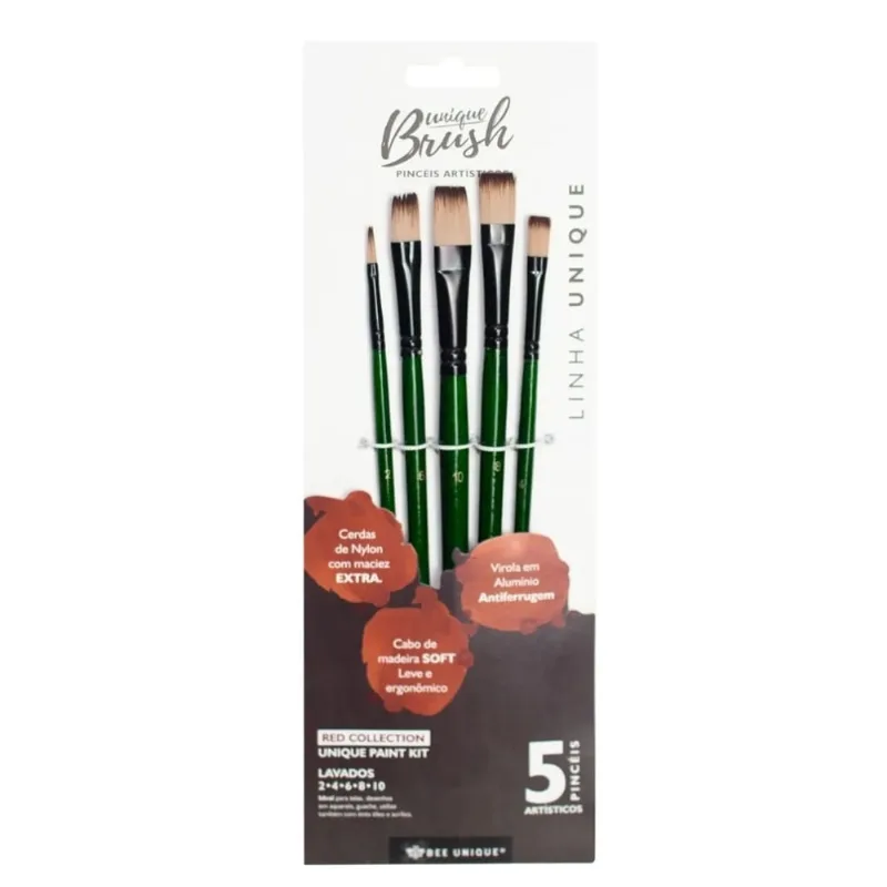 Kit de Pincéis Lavados Cerda de Nylon Com 5 Tamanhos - Red Collection - YJ-190008