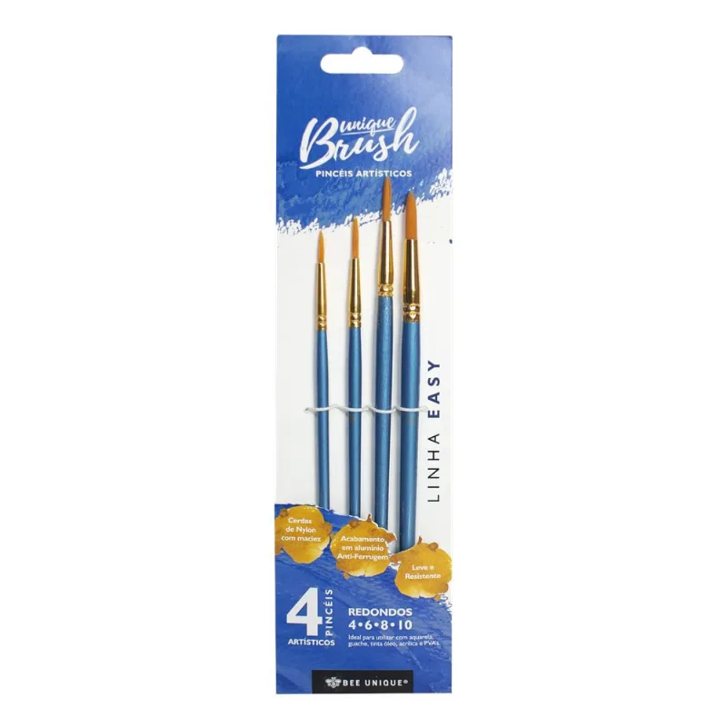 Kit de Pincéis Redondos Cerda de Nylon Bee Unique Com 4 Tamanhos - Easy Collection - YJ-190010