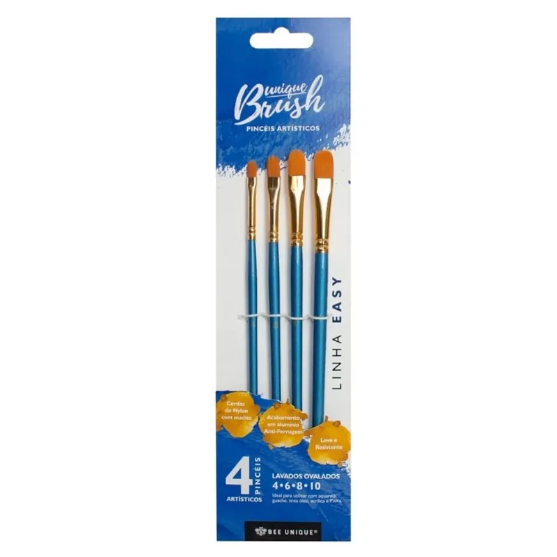 Kit de Pincéis Lavados Ovalados Cerda de Nylon Bee Unique Com 4 Tamanhos - Easy Collection - YJ-190011