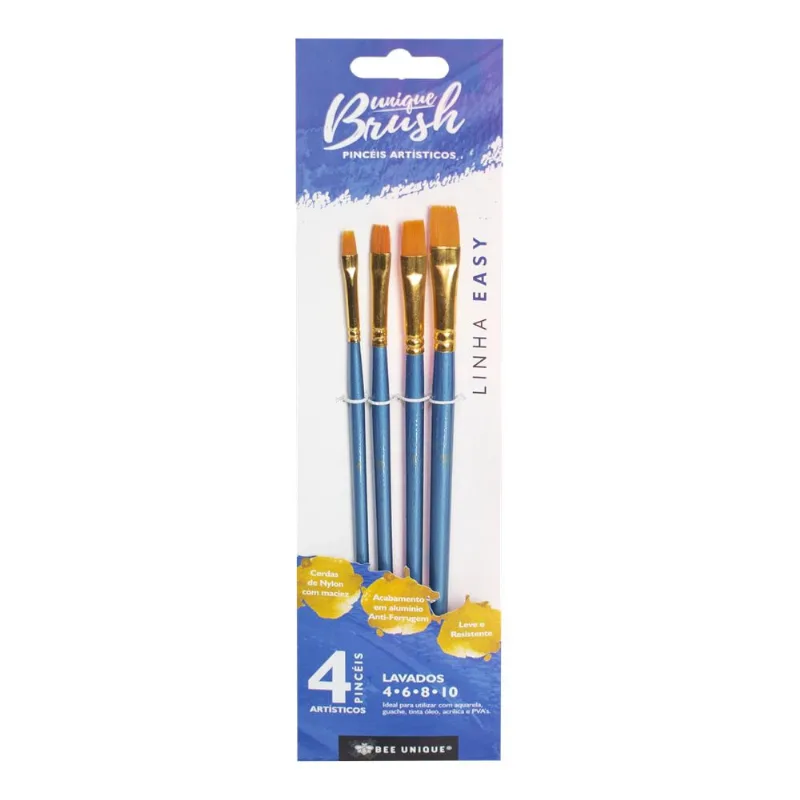 Kit de Pincéis Lavados Cerda de NylonBee Unique Com 4 Tamanhos - Easy Collection - YJ-190012