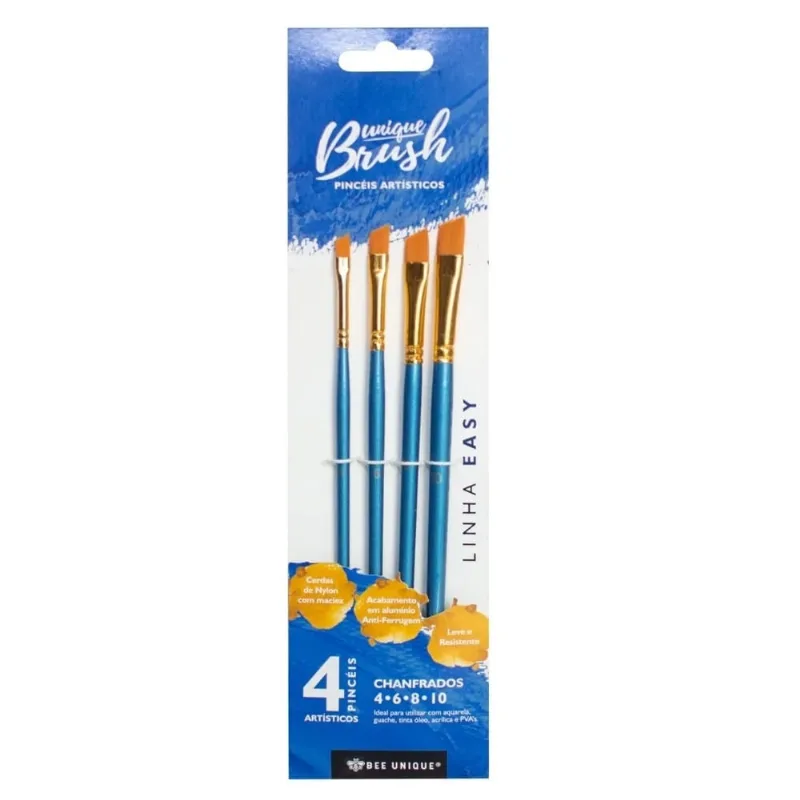 Kit de Pincéis Chanfrados Cerda de Nylon Bee Unique Com 4 Tamanhos - Easy Collection - YJ-190013