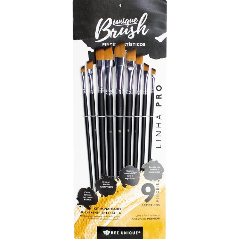 Kit Pincéis Chanfrado Cerda de Nylon Bee Unique Com 9 Tamanhos - Pro Collection - YJ-190017
