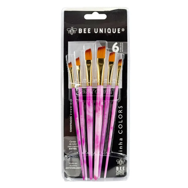 Kit De Pincéis Chanfrados Cerda de Nylon Bee Unique com 6 Tamanhos - Colors Collection - YJ-190029
