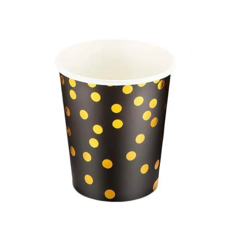 Kit 10 Copos 270Ml Descartáveis Papel Preto E Bola Douradas