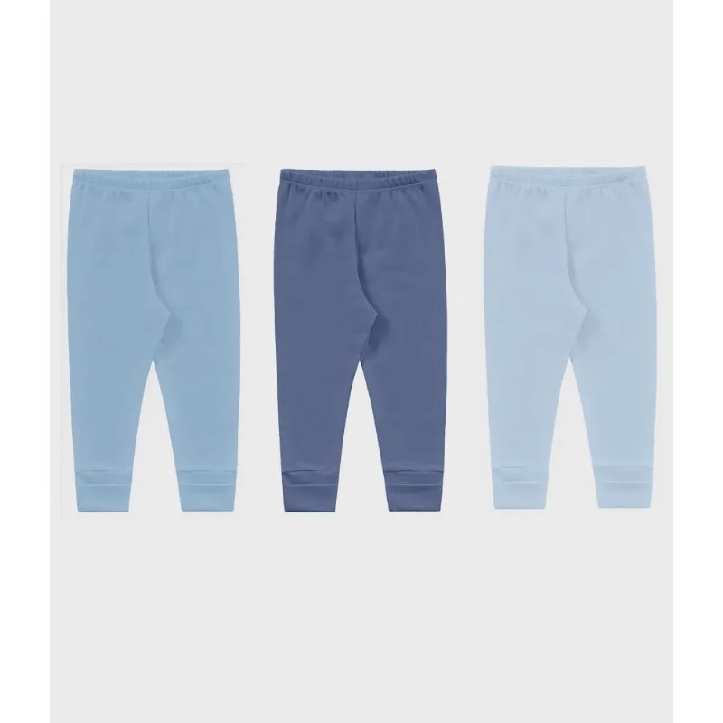 Calça mijão bebê kit 3 pçs kiko 100% algodão azul sem pé Calça bebê mijão 0 a 8 meses kit com 3 unid. pé que vira - kiko - AzulClaro/Azulbebê/Royal