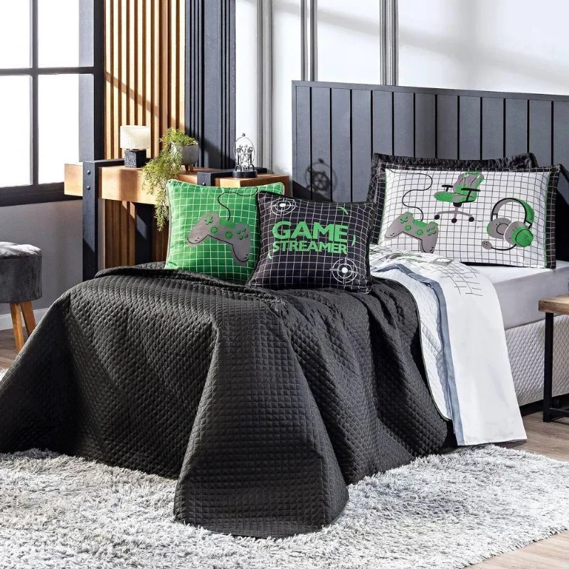 Kit Cobre Leito Colcha Solteiro Game Streamer Verde Dupla Face Com Almofadas Estampadas 05 Peças