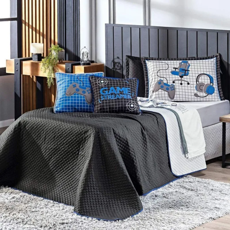 Kit Cobre Leito Colcha Queen Game Streamer Azul Dupla Face Com Almofadas Estampadas 07 Peças