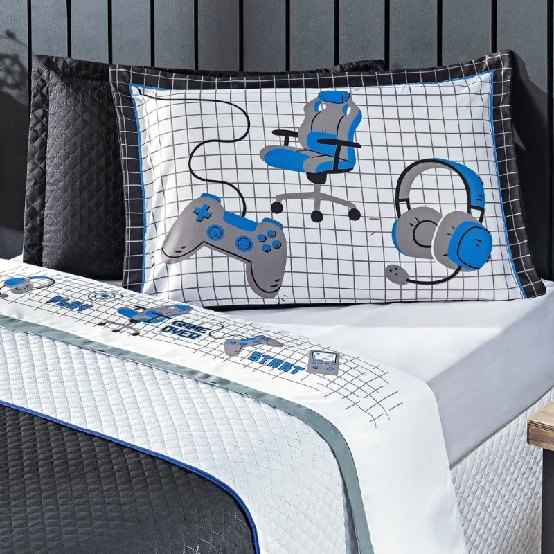 Jogo De Cama Lençol Casal Padrão Game Streamer Branco/azul Com Fronhas E Virol Estampados 04 Peças - Percal 200 Fios