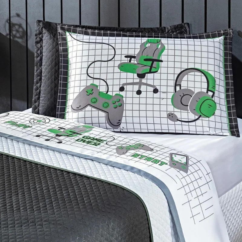 Jogo De Cama Lençol Solteiro Game Streamer Branco/Verde Com Fronha E Virol Estampados 03 Peças - Percal 200 Fios